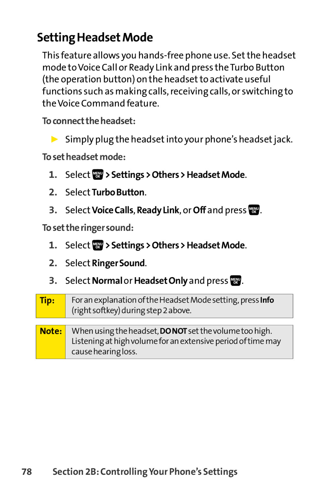 Sprint Nextel SCP-3200 manual Setting HeadsetMode, Toconnecttheheadset, Tosetheadsetmode, Tosettheringersound 