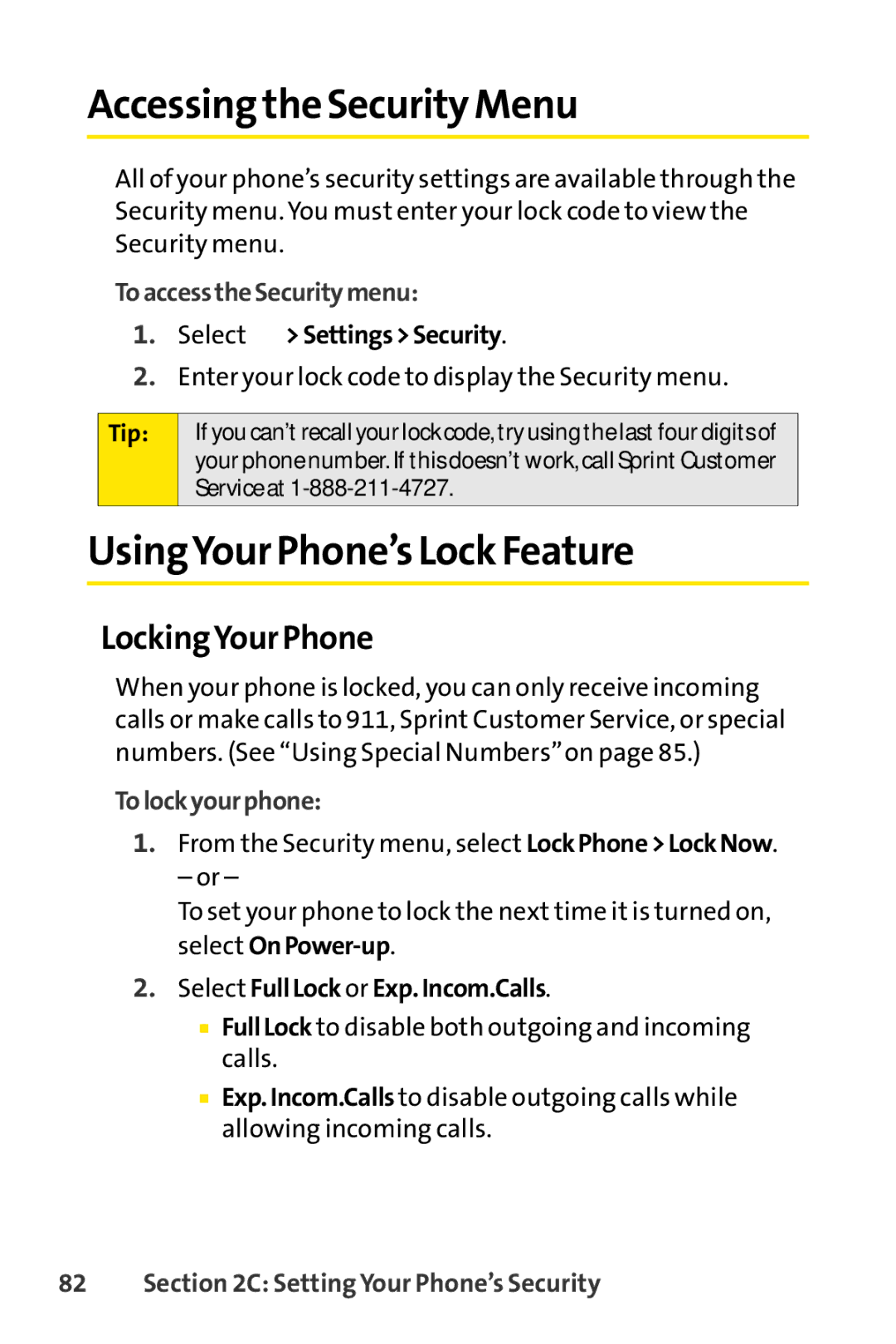 Sprint Nextel SCP-3200 manual Accessing the Security Menu, UsingYour Phone’s Lock Feature, LockingYour Phone 