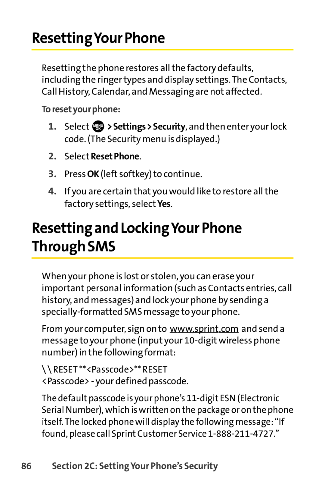 Sprint Nextel SCP-7000 manual ResettingYour Phone, Resetting and LockingYour Phone Through SMS, Toresetyourphone 