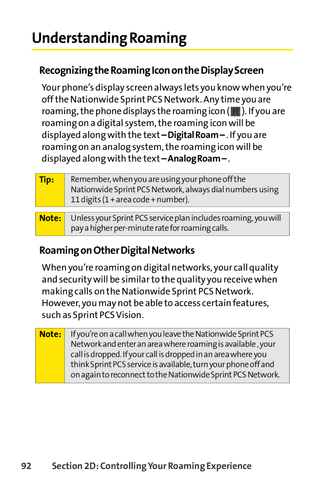 Sprint Nextel SCP-7000 Understanding Roaming, RecognizingtheRoamingIconontheDisplayScreen, RoamingonOtherDigitalNetworks 