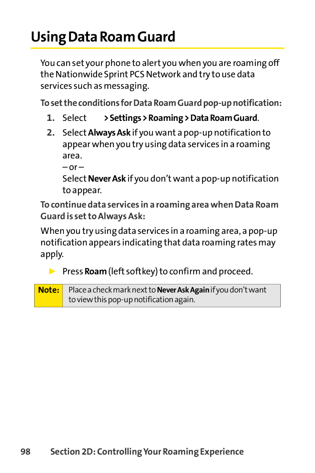 Sprint Nextel SCP-7000 manual Using Data Roam Guard, Select SettingsRoamingDataRoamGuard 