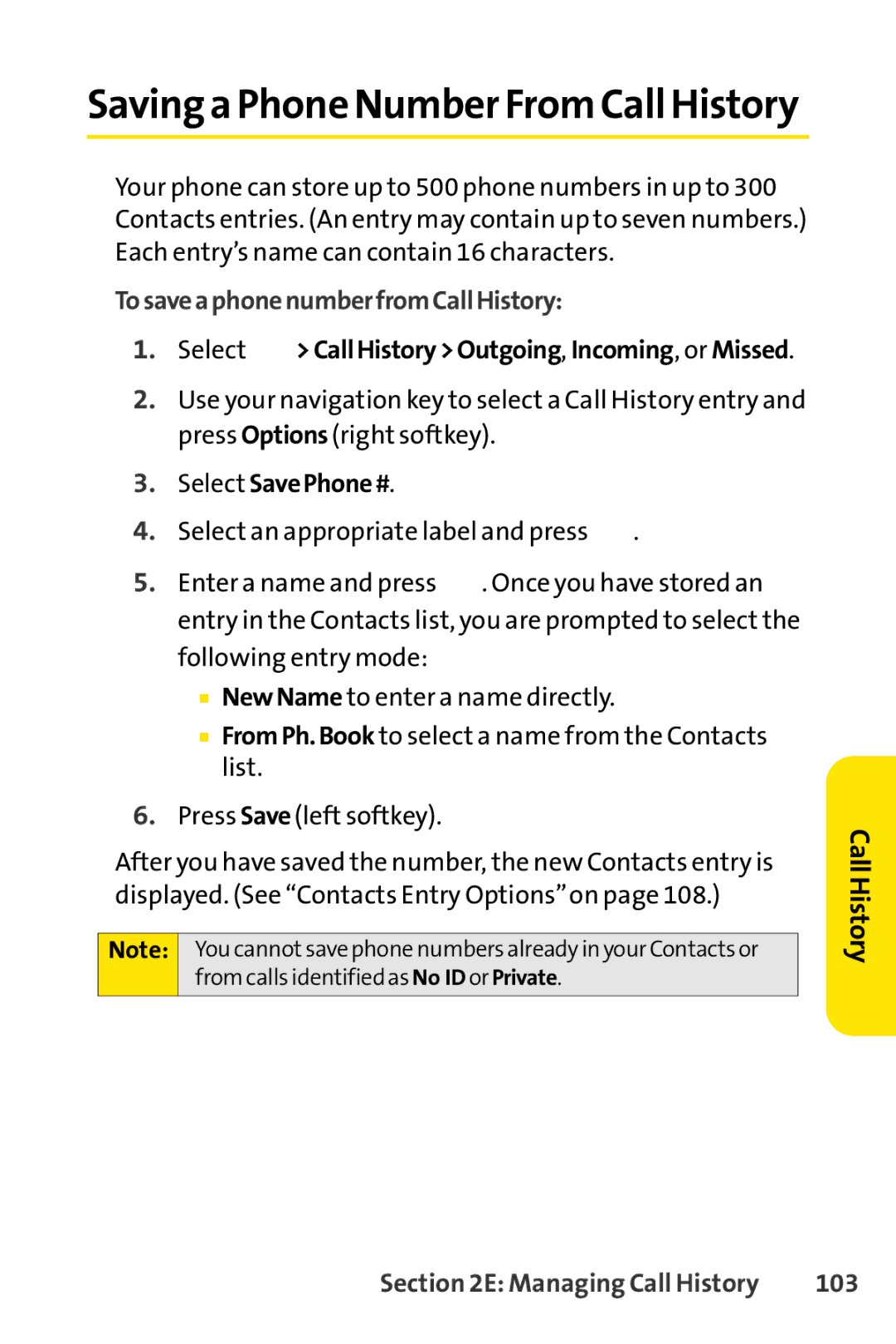 Sprint Nextel SCP-7000 manual TosaveaphonenumberfromCallHistory, Select SavePhone#, 103 
