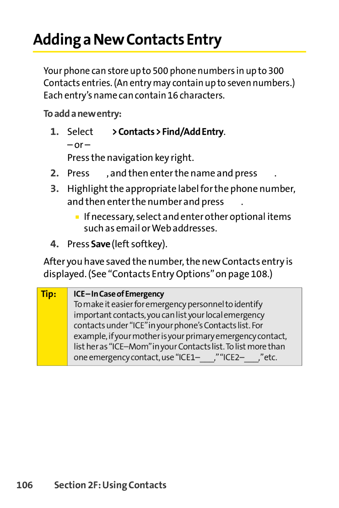 Sprint Nextel SCP-7000 manual Addinga New Contacts Entry, Toaddanewentry, Select ContactsFind/AddEntry, Using Contacts 