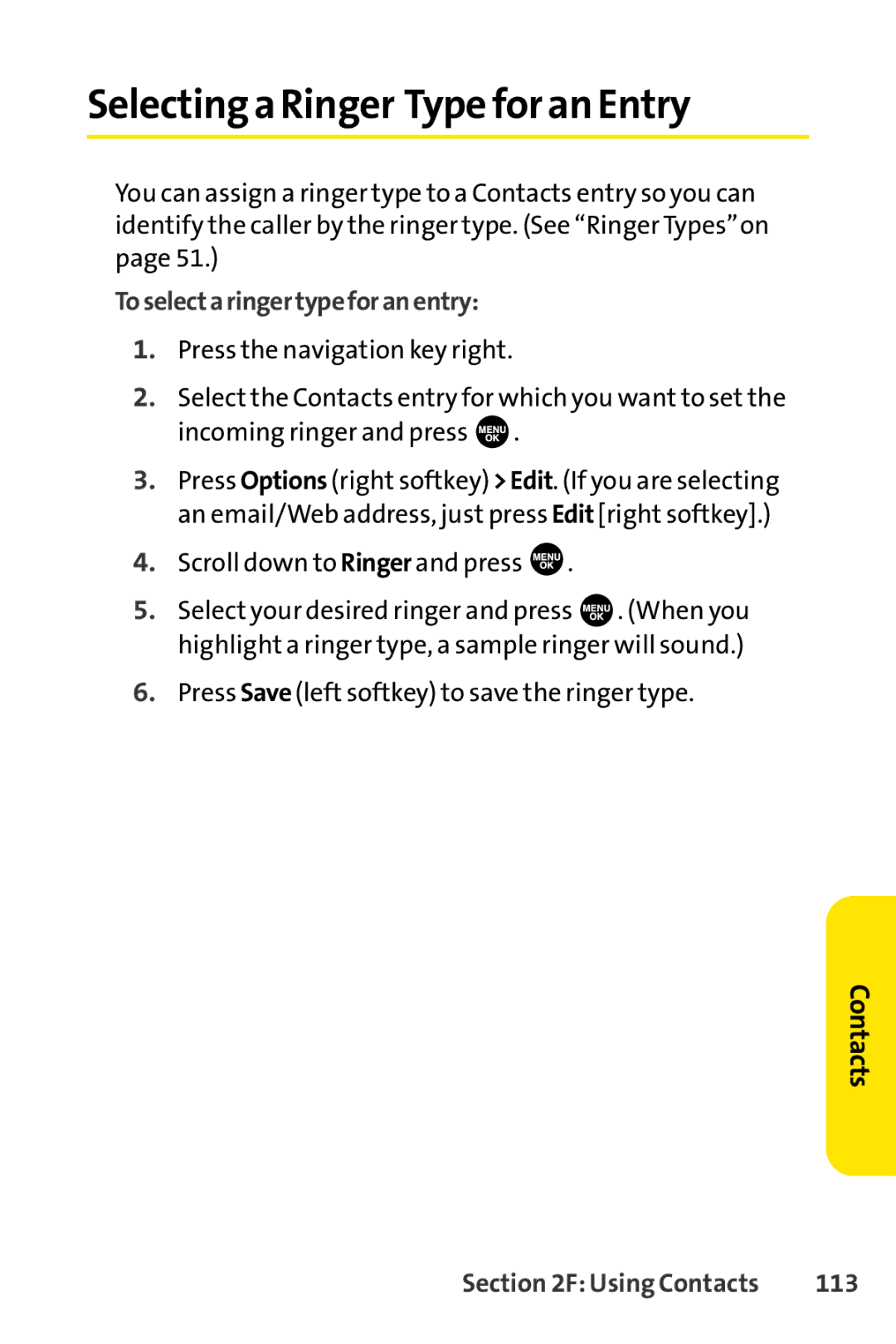 Sprint Nextel SCP-7000 manual Selecting a Ringer Type for an Entry, Toselectaringertypeforanentry, 113 