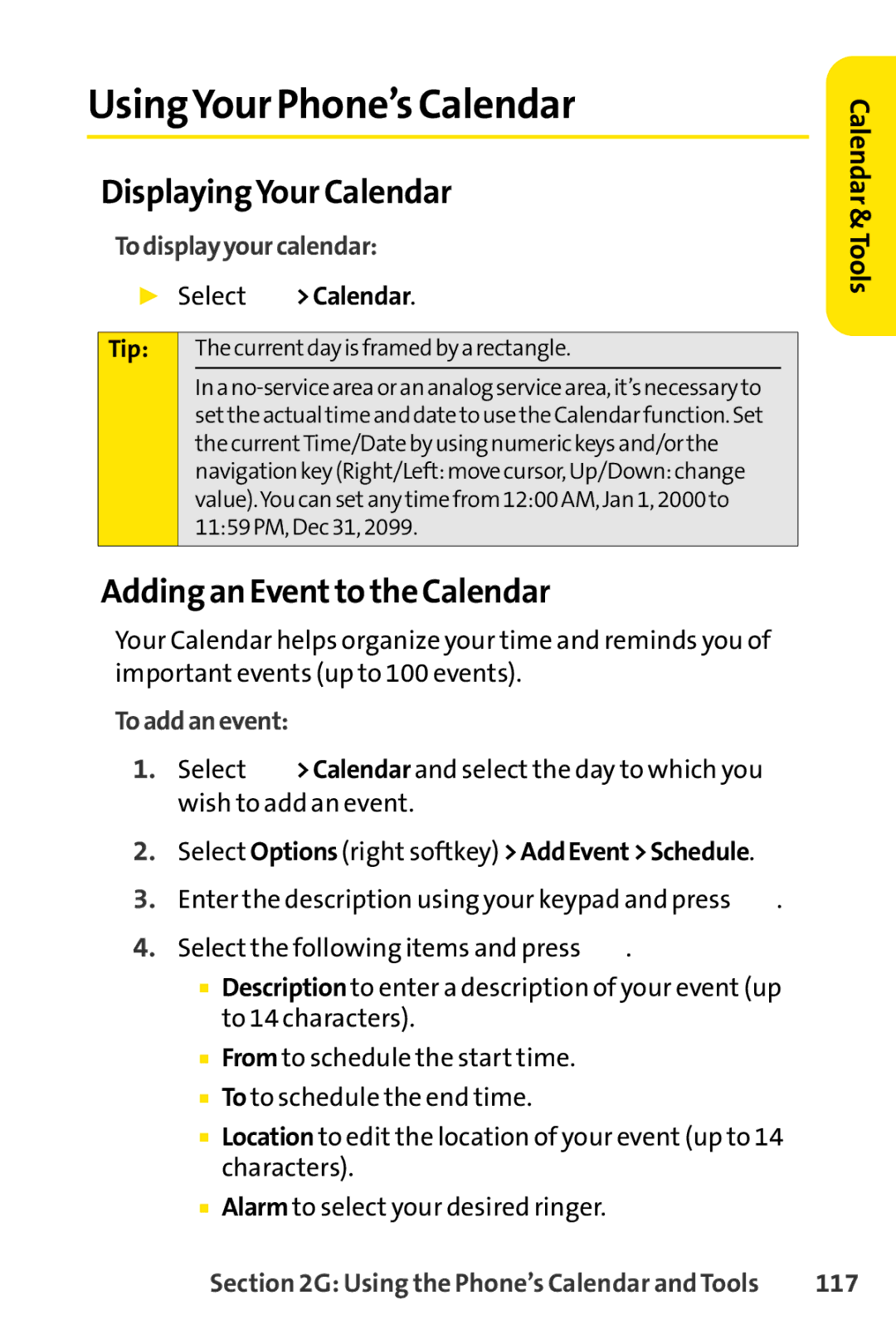 Sprint Nextel SCP-7000 manual UsingYour Phone’s Calendar, DisplayingYour Calendar, Adding an Eventto the Calendar 