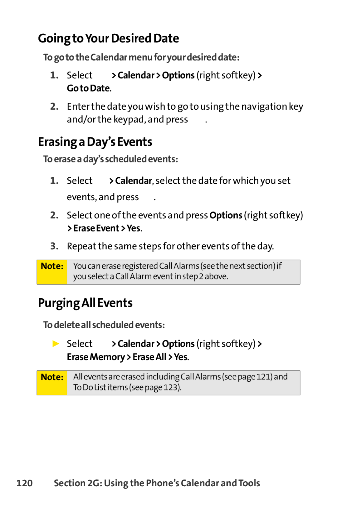 Sprint Nextel SCP-7000 manual Going toYour Desired Date, Erasing a Day’s Events, Purging All Events 