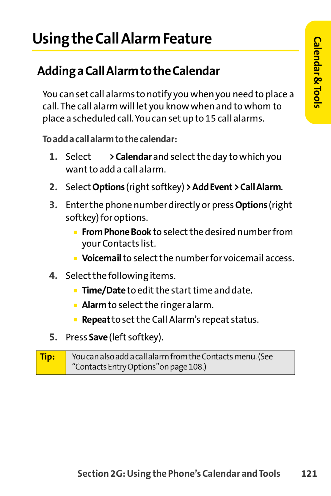 Sprint Nextel SCP-7000 Using the Call Alarm Feature, Adding a Call Alarm to the Calendar, Toaddacallalarmtothecalendar 