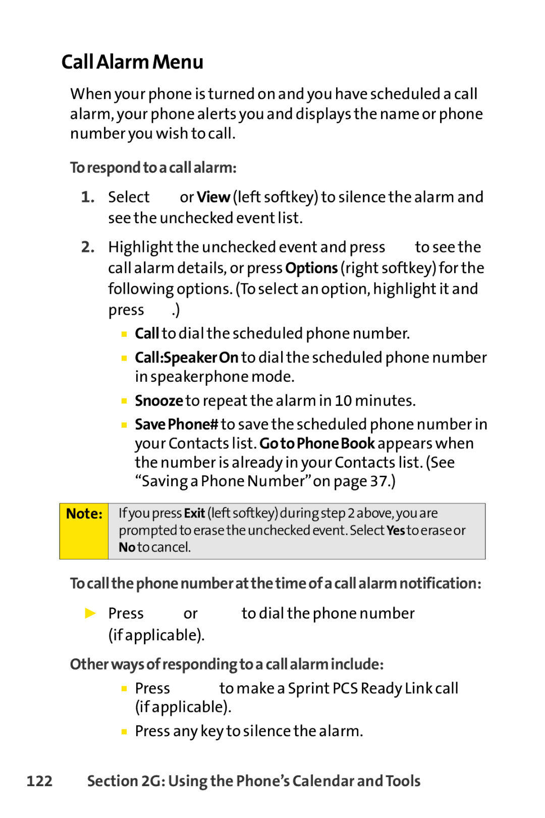 Sprint Nextel SCP-7000 manual Call Alarm Menu, Torespondtoacallalarm, Tocallthephonenumberatthetimeofacallalarmnotification 