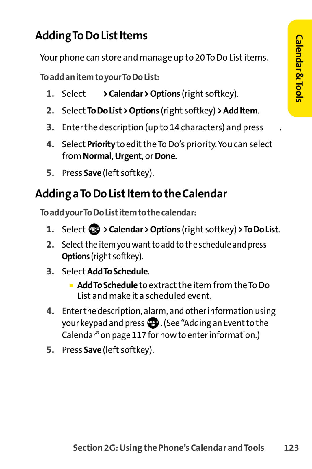 Sprint Nextel SCP-7000 manual AddingTo Do ListItems, Adding aTo Do ListItem to the Calendar, ToaddanitemtoyourToDoList, 123 