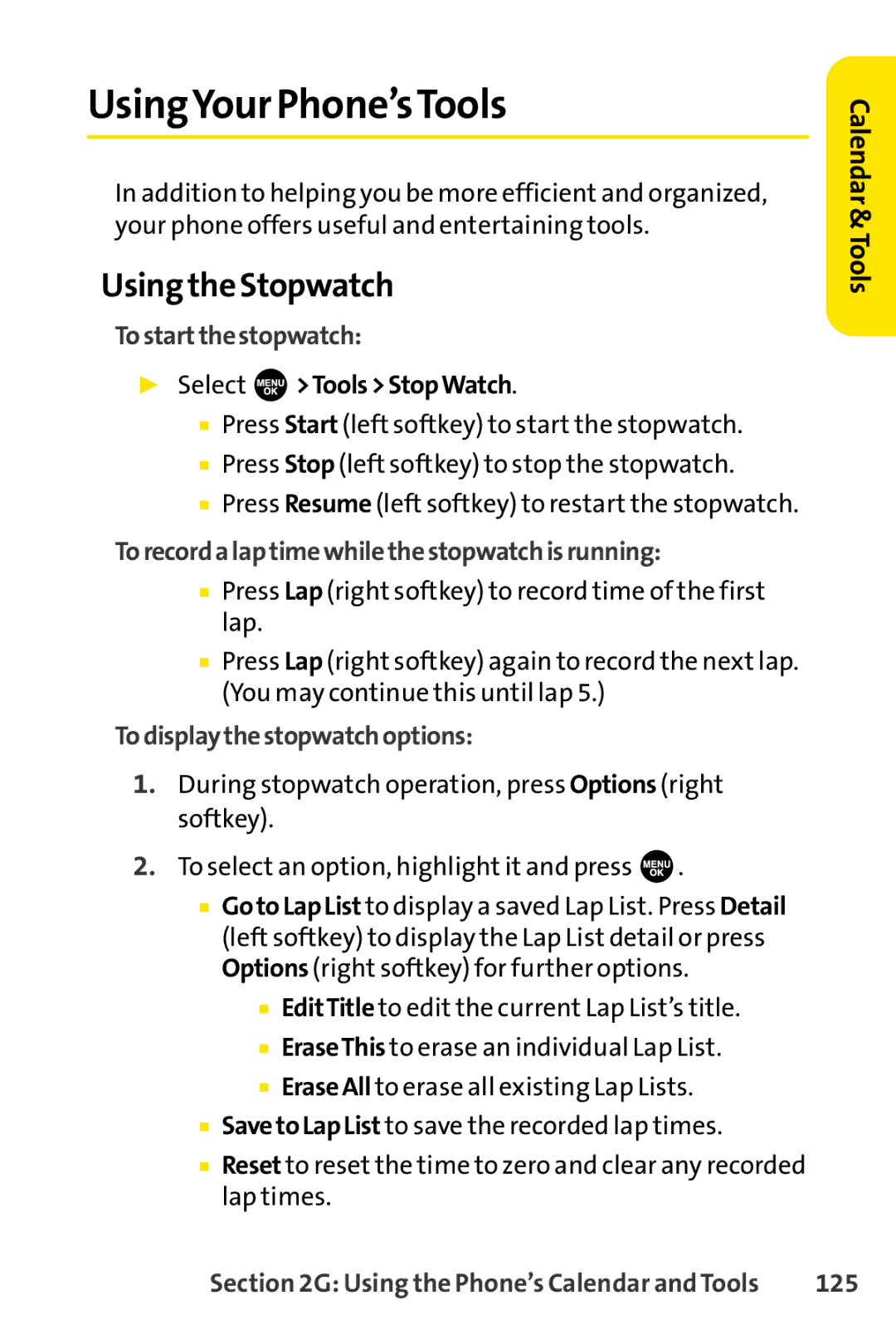 Sprint Nextel SCP-7000 manual UsingYour Phone’sTools, Using the Stopwatch 