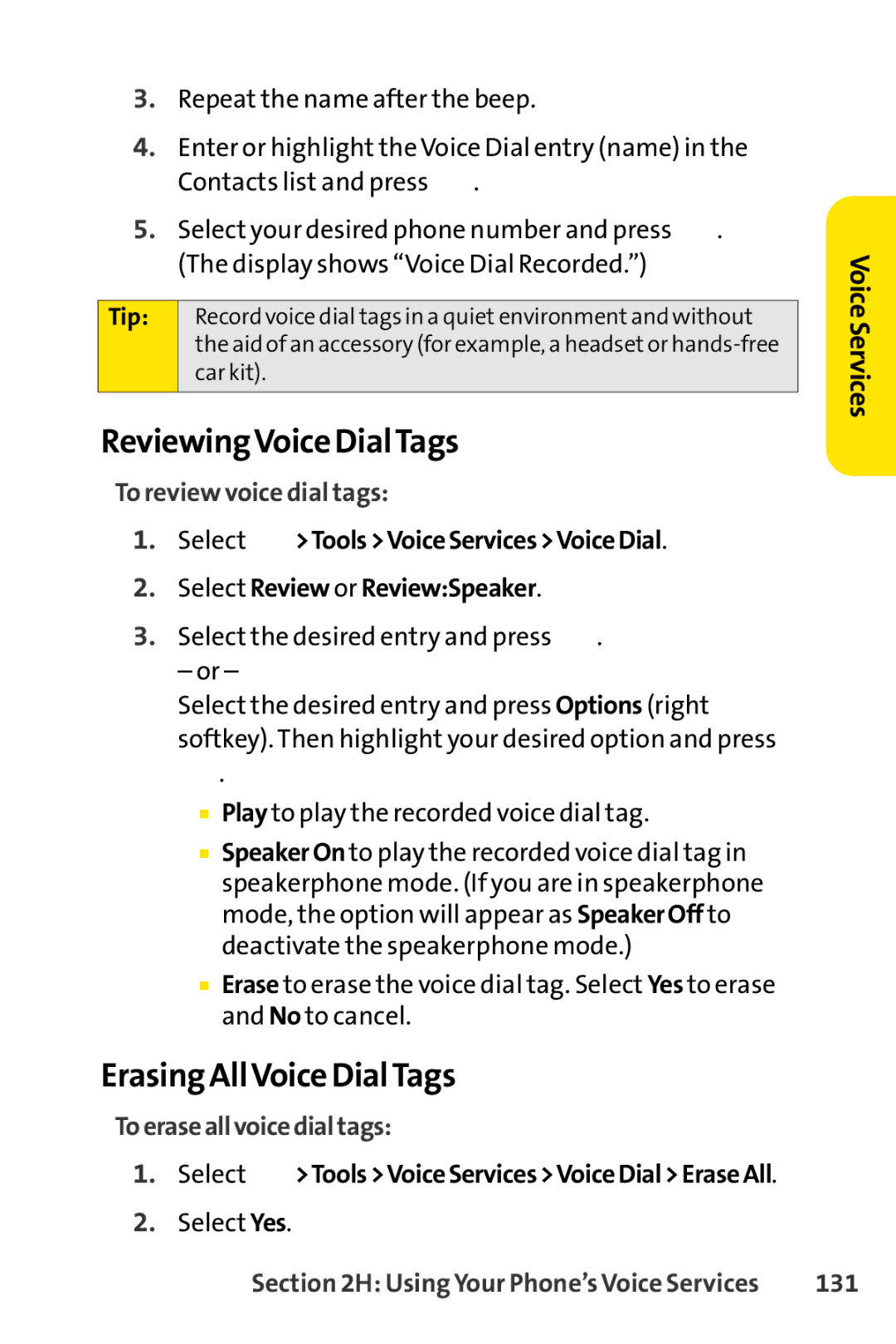 Sprint Nextel SCP-7000 manual ReviewingVoice DialTags, Erasing AllVoice DialTags, To review voice dial tags, 131 