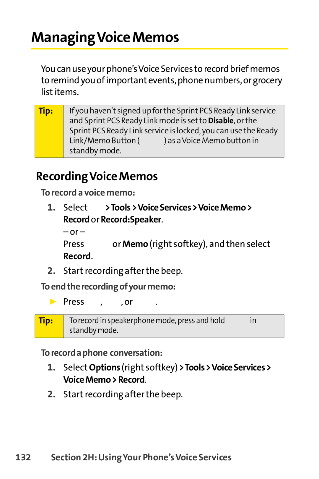 Sprint Nextel SCP-7000 ManagingVoice Memos, Recording Voice Memos, To record a voice memo, Toendtherecordingofyourmemo 