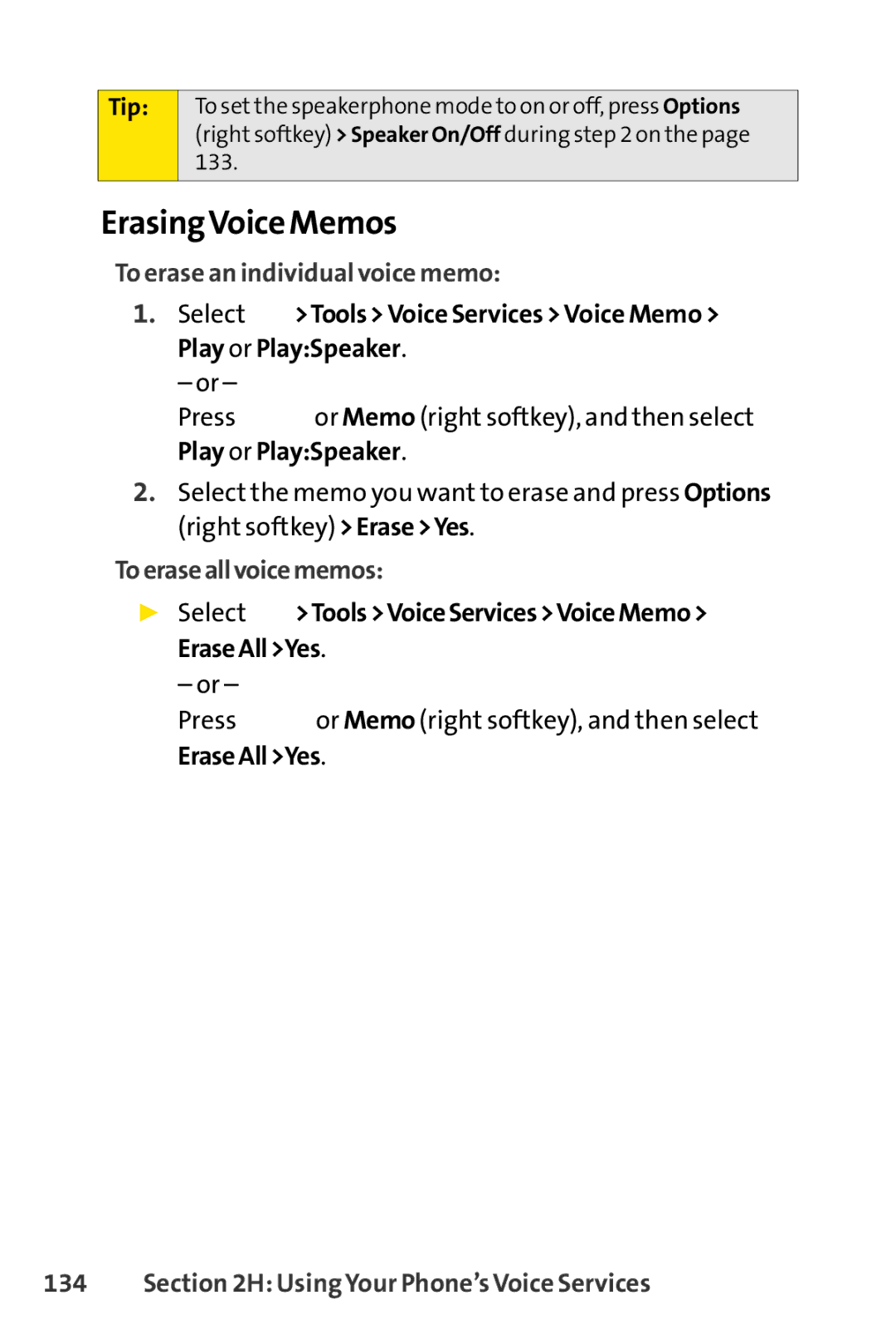 Sprint Nextel SCP-7000 manual ErasingVoice Memos, To erase an individual voice memo, Toeraseallvoicememos 