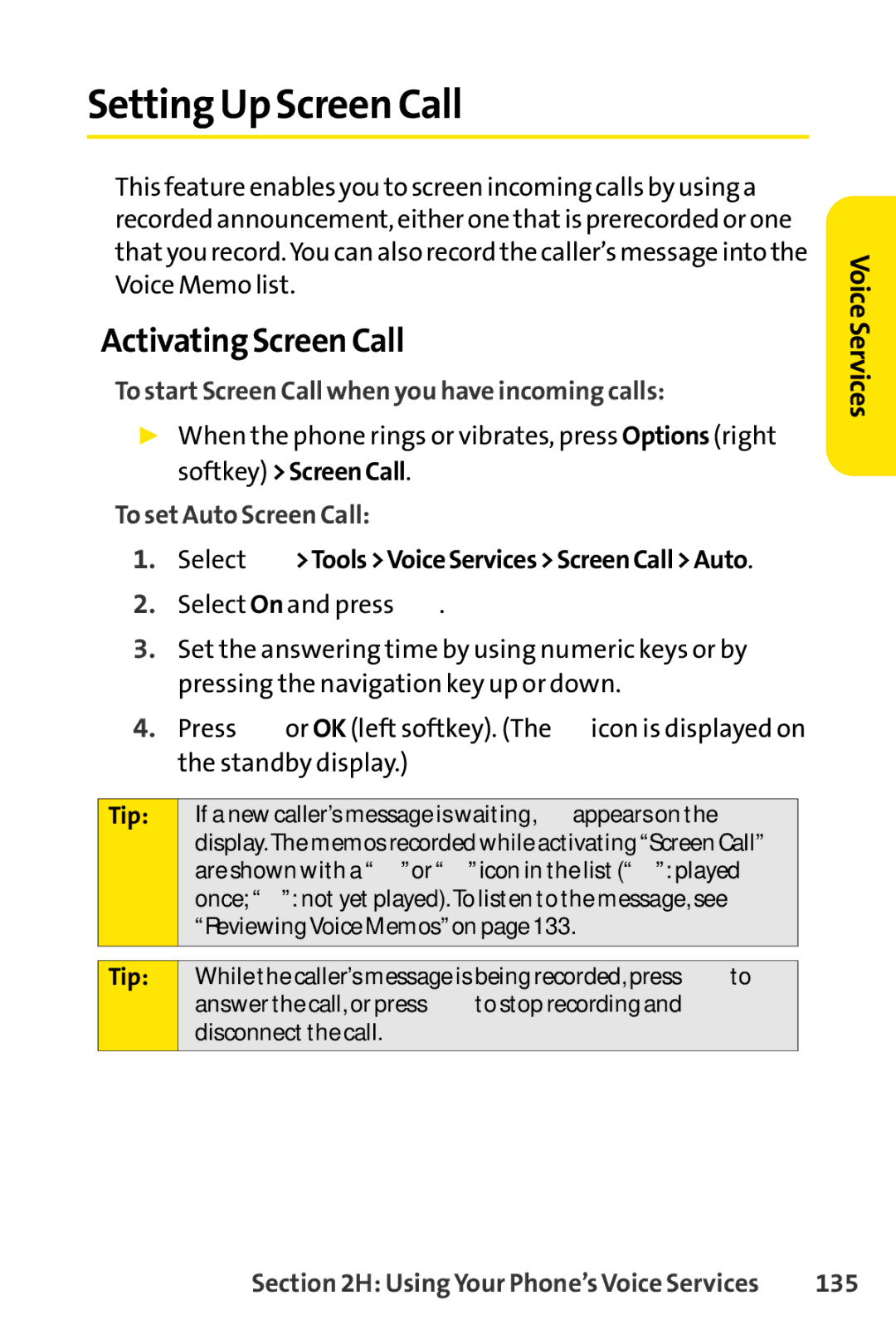 Sprint Nextel SCP-7000 Setting Up Screen Call, Activating Screen Call, To start Screen Call when you have incoming calls 