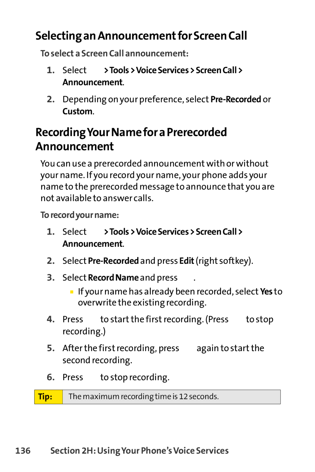 Sprint Nextel SCP-7000 manual Selecting an Announcement for Screen Call, RecordingYour Name for a Prerecorded Announcement 