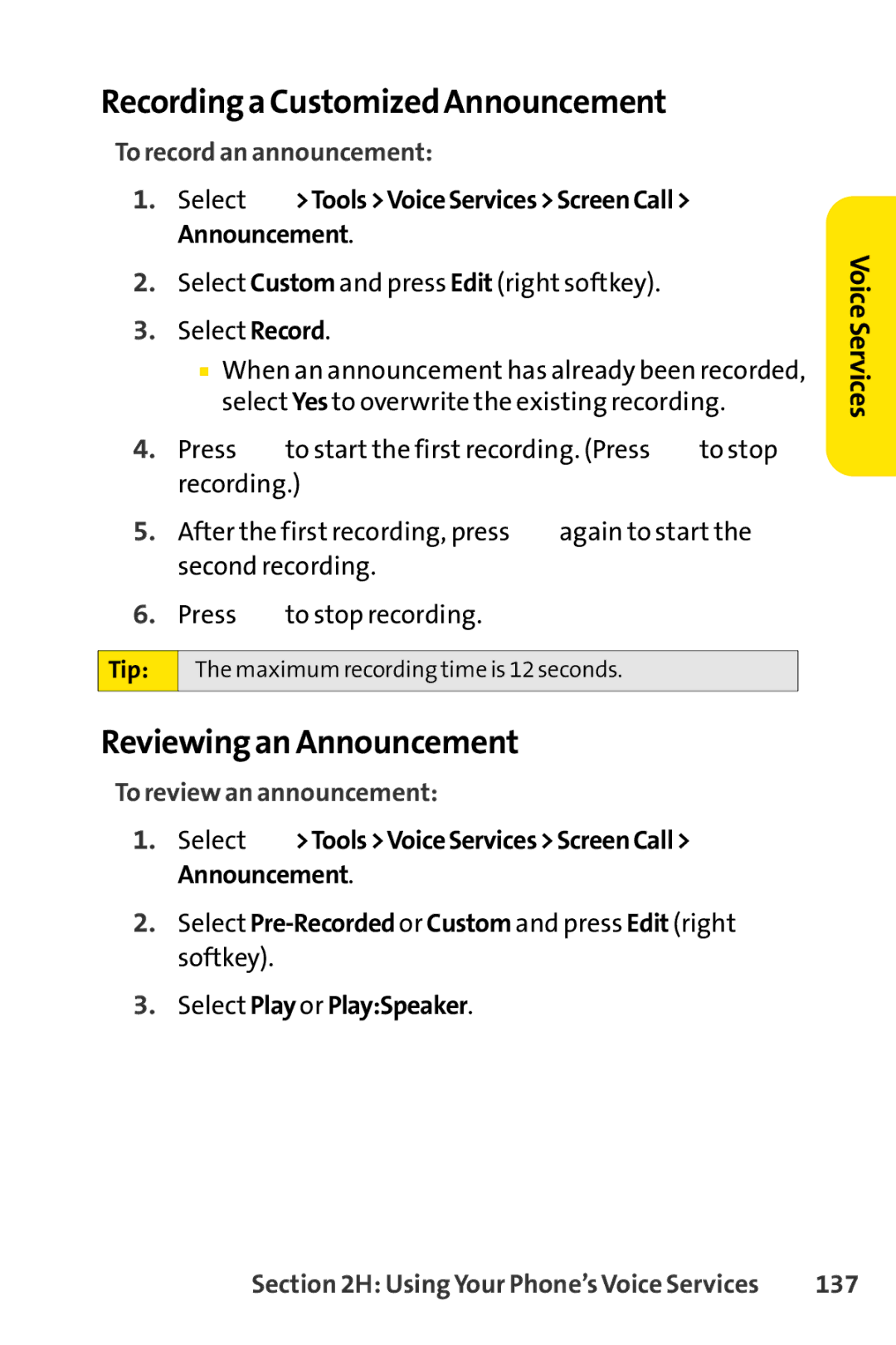 Sprint Nextel SCP-7000 Recording a Customized Announcement, Reviewing an Announcement, To record an announcement, 137 