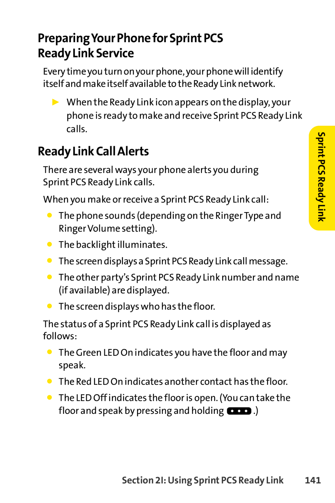 Sprint Nextel SCP-7000 manual PreparingYour Phone for Sprint PCS Ready Link Service, Ready Link Call Alerts, 141 