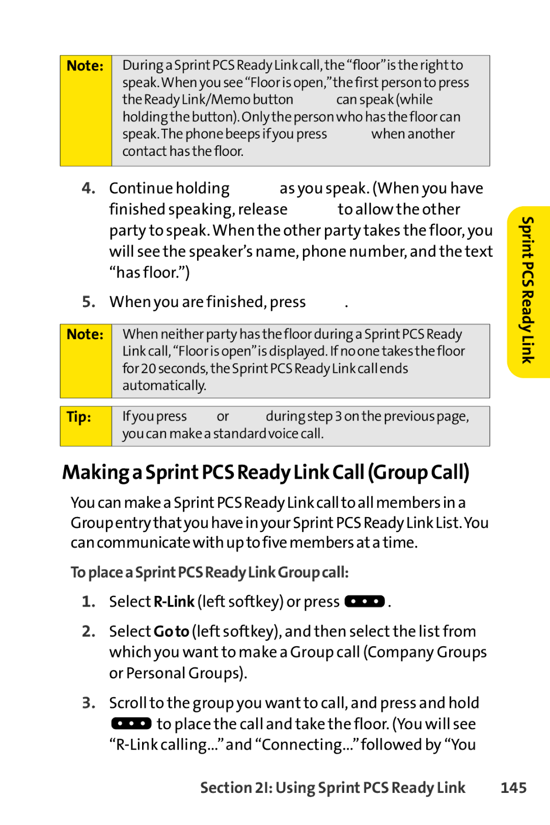 Sprint Nextel SCP-7000 manual Making a Sprint PCS Ready Link Call Group Call, ToplaceaSprintPCSReadyLinkGroupcall, 145 