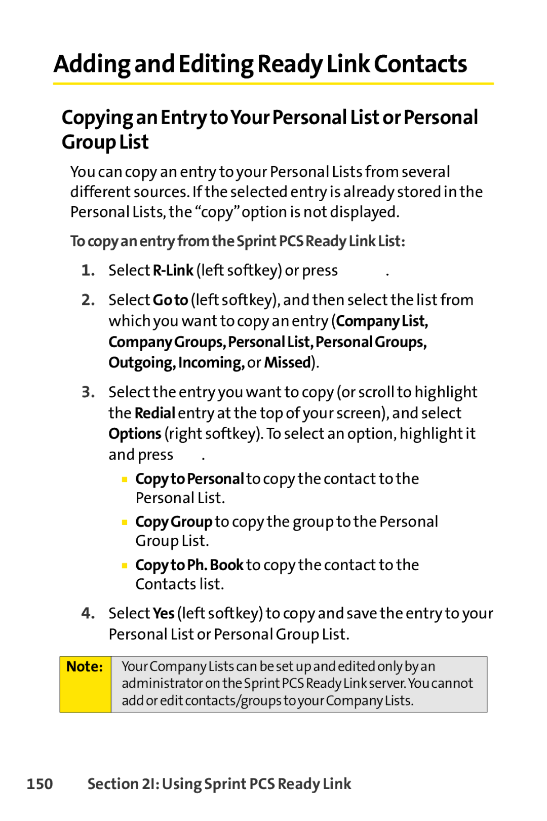 Sprint Nextel SCP-7000 manual Copying an Entry toYour Personal List or Personal Group List 