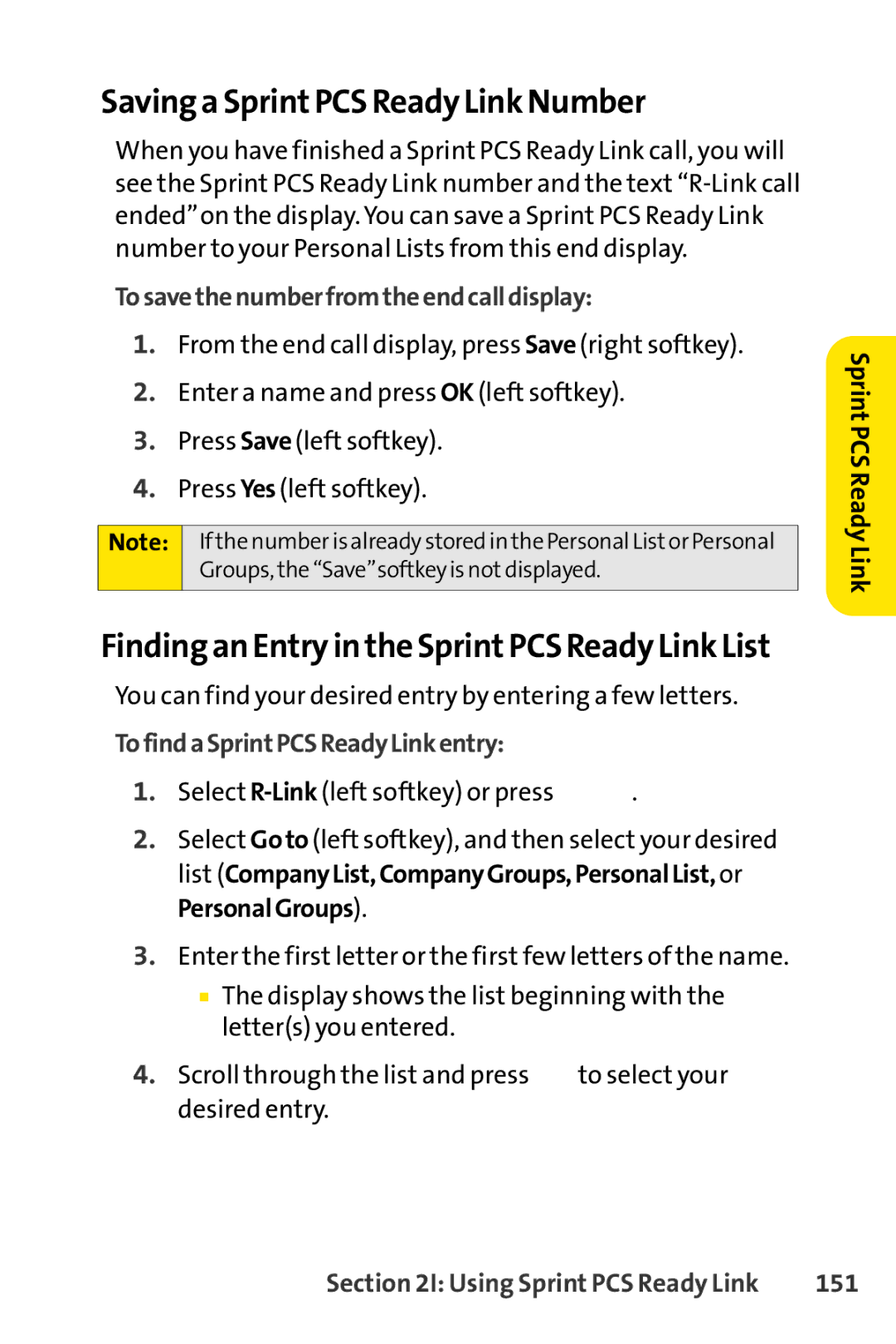 Sprint Nextel SCP-7000 manual Saving a SprintPCS Ready Link Number, Finding an Entry in the SprintPCS Ready Link List, 151 