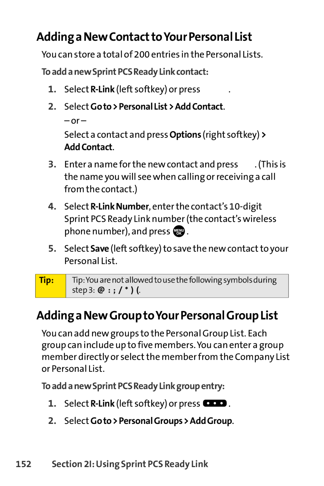 Sprint Nextel SCP-7000 manual Adding a New Contact toYour Personal List, ToaddanewSprintPCSReadyLinkcontact 