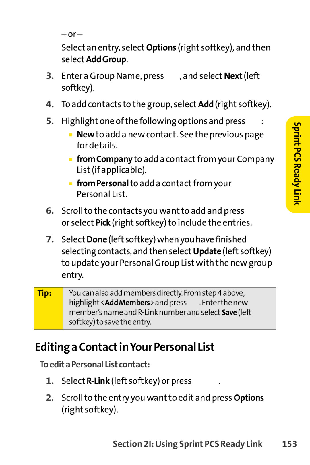 Sprint Nextel SCP-7000 manual Editing a ContactinYour Personal List, ToeditaPersonalListcontact, 153 