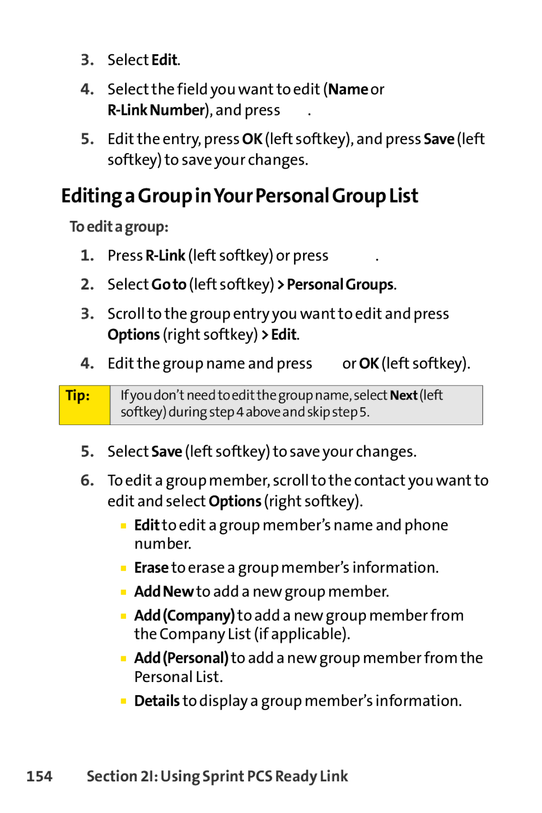 Sprint Nextel SCP-7000 manual Editing a Group inYour Personal Group List, Toeditagroup 