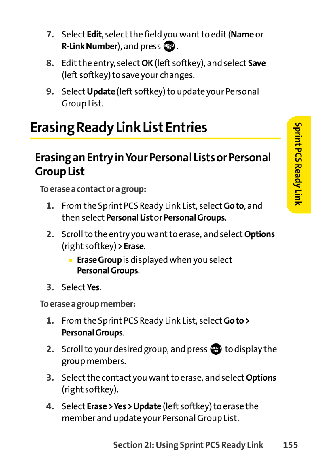 Sprint Nextel SCP-7000 manual ErasingReady Link ListEntries, Toeraseacontactoragroup, Toeraseagroupmember, 155 