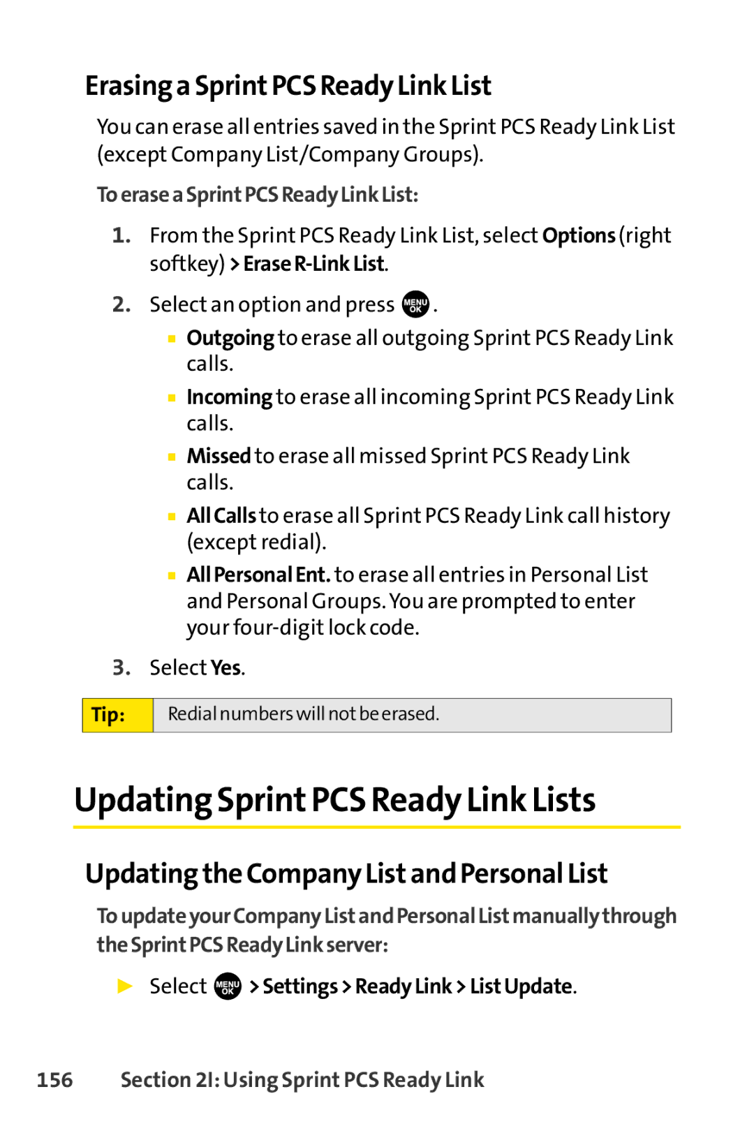 Sprint Nextel SCP-7000 manual UpdatingSprintPCS Ready Link Lists, Erasing a SprintPCS Ready Link List 