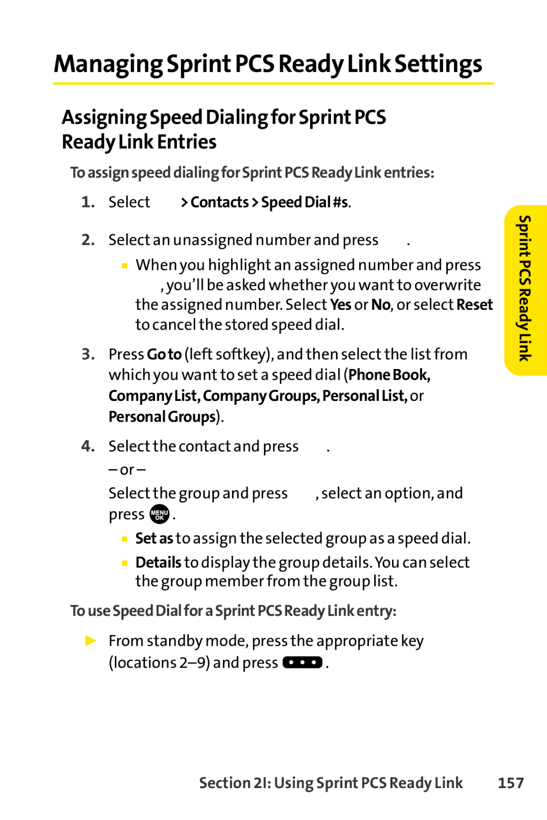 Sprint Nextel SCP-7000 manual Assigning Speed Dialing for Sprint PCS Ready Link Entries, 157 