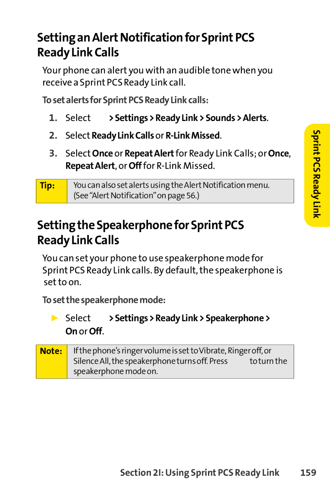 Sprint Nextel SCP-7000 Setting the Speakerphone for SprintPCS Ready Link Calls, TosetalertsforSprintPCSReadyLinkcalls, 159 