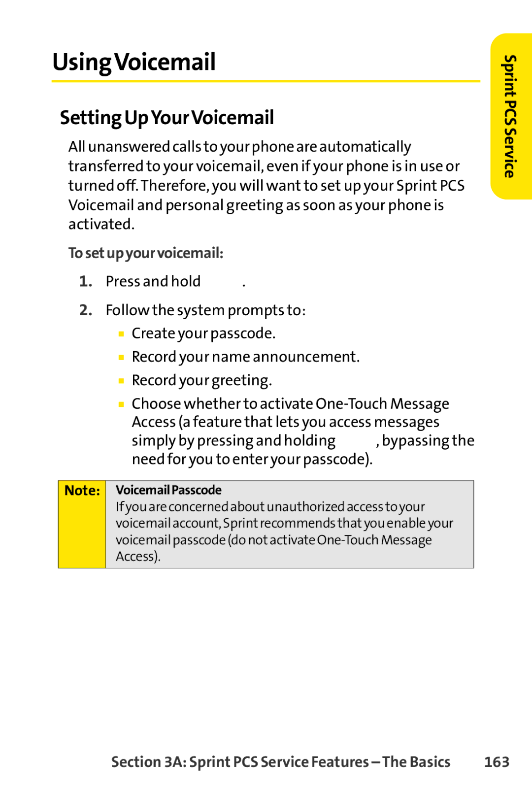 Sprint Nextel SCP-7000 manual UsingVoicemail, Setting UpYourVoicemail, 163 