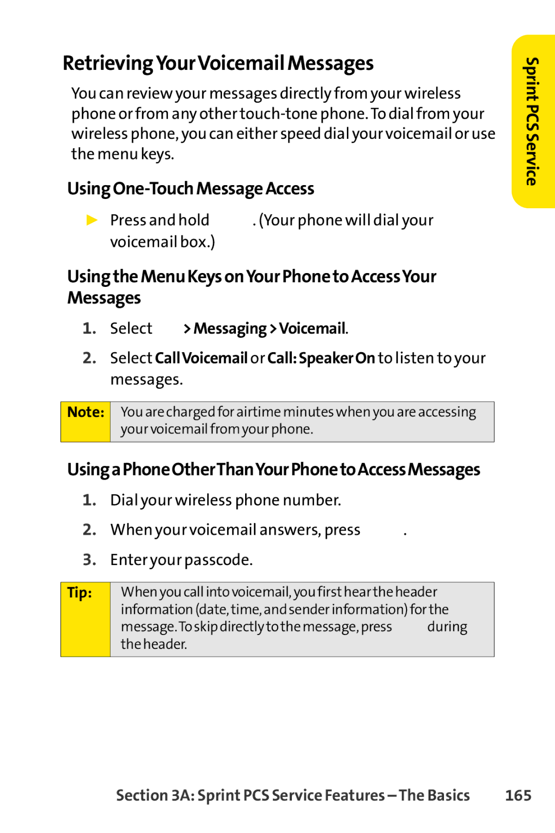 Sprint Nextel SCP-7000 manual RetrievingYourVoicemail Messages, UsingOne-TouchMessageAccess, 165 