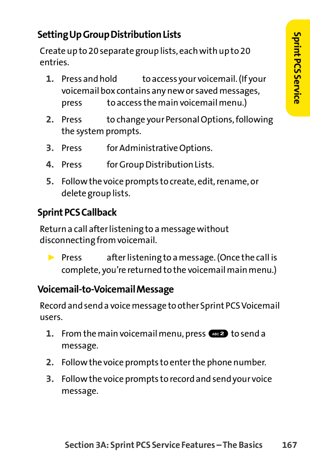 Sprint Nextel SCP-7000 manual SettingUpGroupDistributionLists, SprintPCSCallback, Voicemail-to-VoicemailMessage, 167 