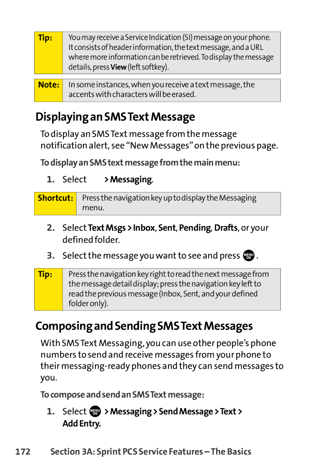 Sprint Nextel SCP-7000 manual Displaying an SMSText Message, Composing and Sending SMSText Messages 