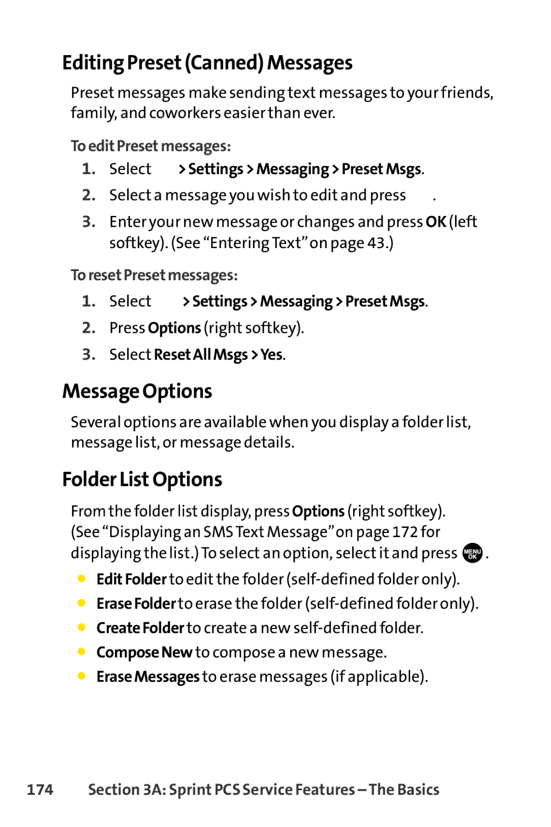 Sprint Nextel SCP-7000 manual Editing PresetCanned Messages, Message Options, Folder ListOptions, ToeditPresetmessages 