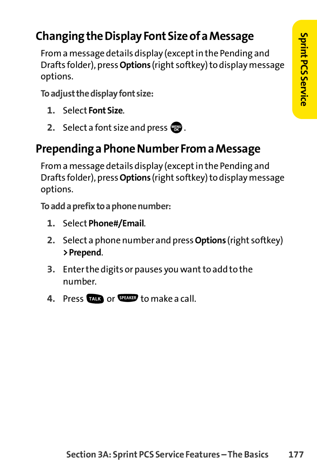 Sprint Nextel SCP-7000 manual Changing the Display FontSize of a Message, Prepending a Phone Number From a Message, 177 