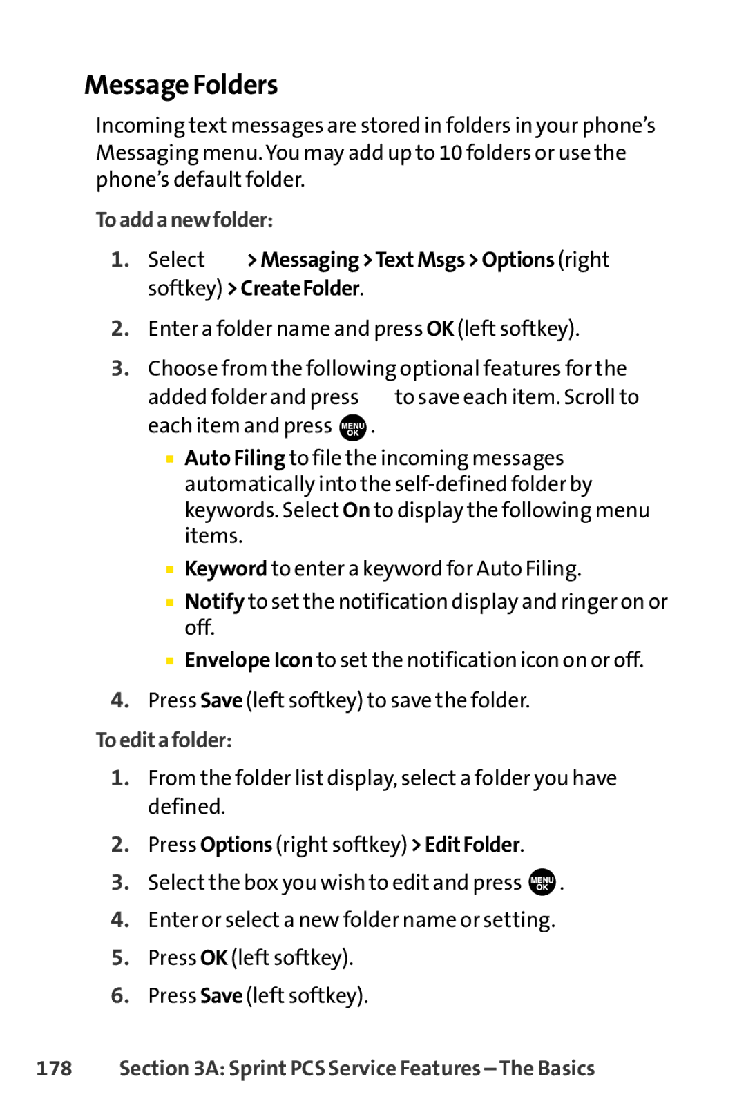 Sprint Nextel SCP-7000 manual Message Folders, Toaddanewfolder, Select MessagingTextMsgsOptions right softkey CreateFolder 