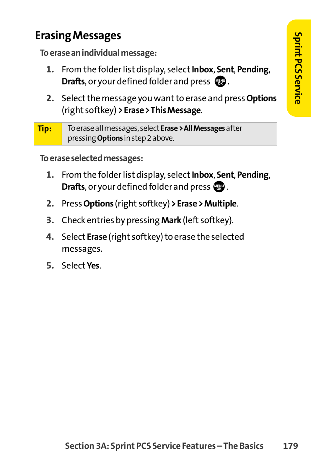 Sprint Nextel SCP-7000 manual Erasing Messages, Toeraseanindividualmessage, Toeraseselectedmessages, 179 