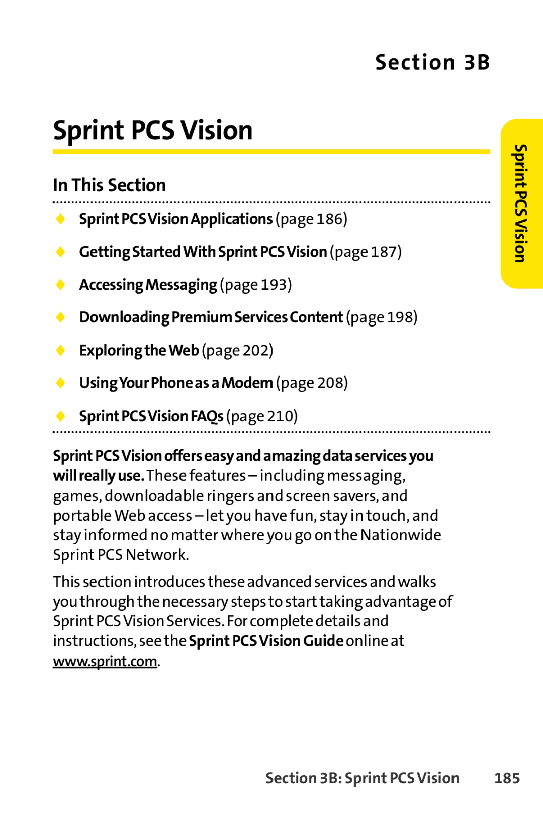 Sprint Nextel SCP-7000 manual Sprint PCS Vision, 185 