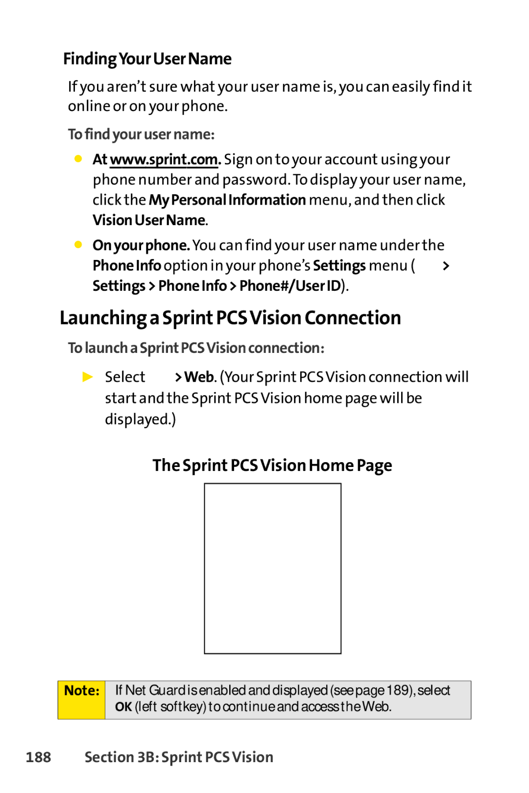 Sprint Nextel SCP-7000 manual Launchinga SprintPCSVision Connection, FindingYourUserName, Sprint PCS Vision Home 