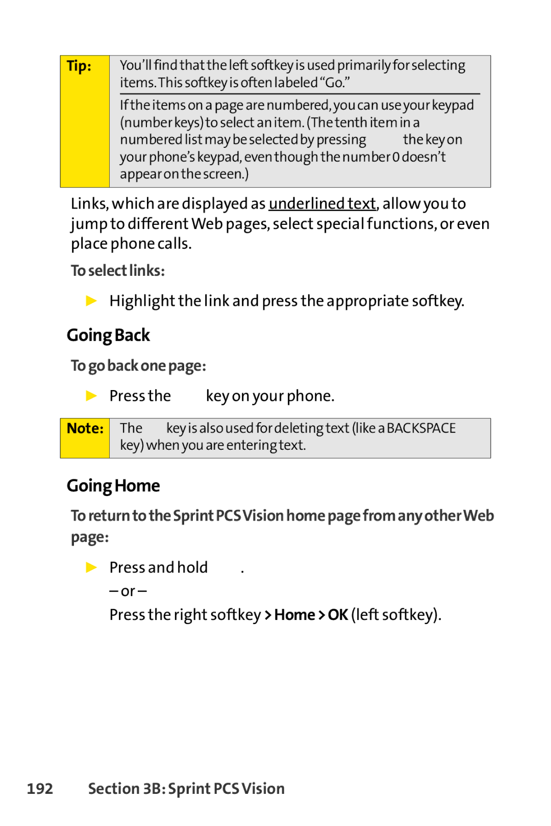 Sprint Nextel SCP-7000 manual GoingBack, GoingHome, Toselectlinks, Togobackonepage 