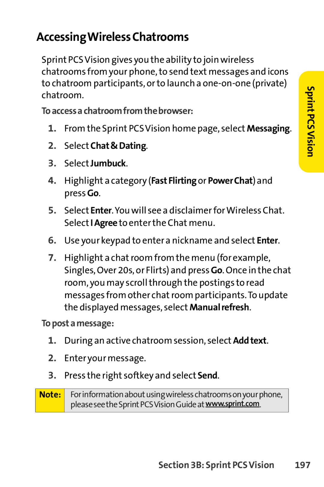 Sprint Nextel SCP-7000 AccessingWirelessChatrooms, Toaccessachatroomfromthebrowser, Select Chat&Dating, Topostamessage 