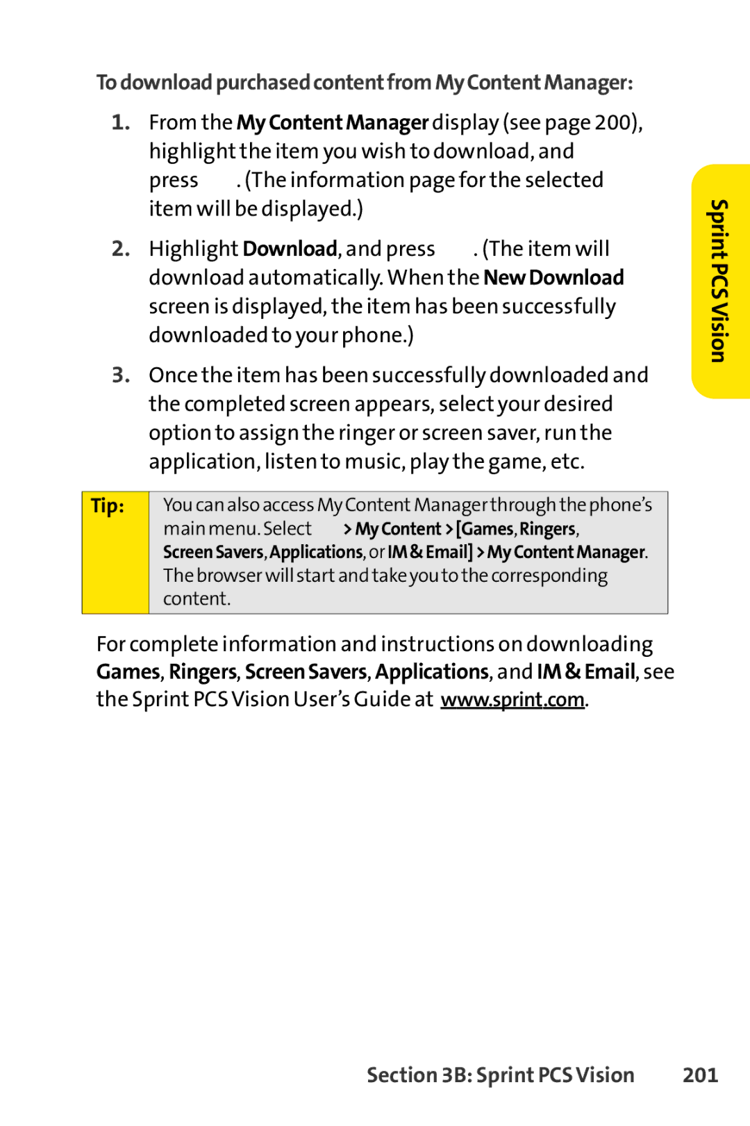 Sprint Nextel SCP-7000 manual TodownloadpurchasedcontentfromMyContentManager, 201 