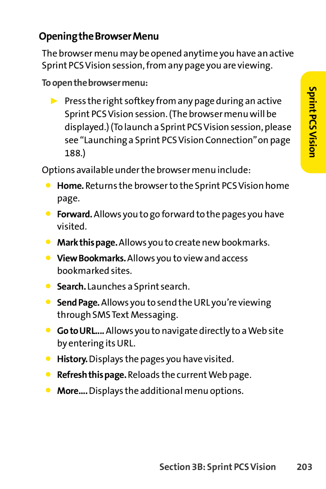 Sprint Nextel SCP-7000 manual OpeningtheBrowserMenu, Toopenthebrowsermenu, 203 