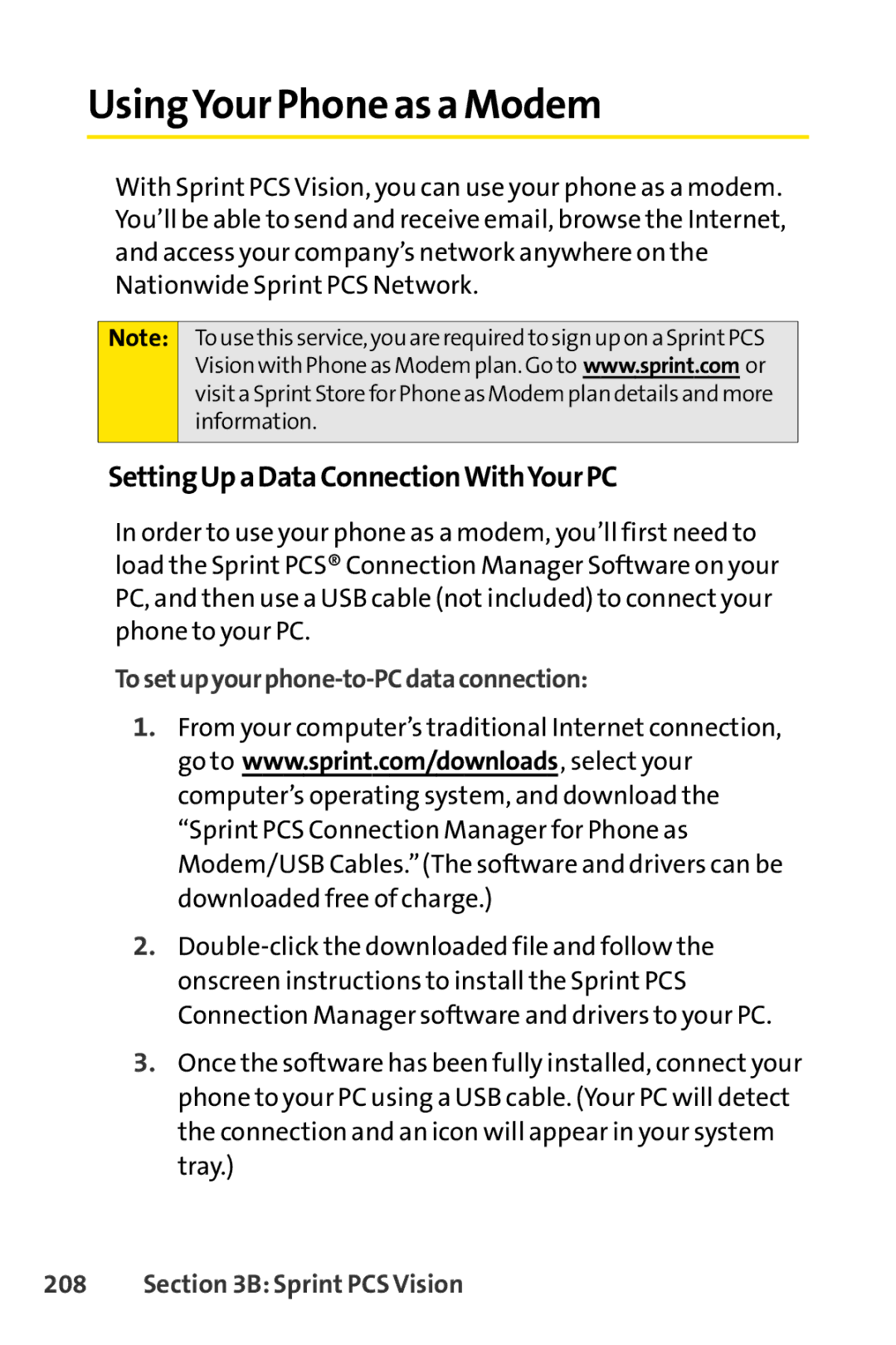 Sprint Nextel SCP-7000 manual UsingYour Phone as a Modem, SettingUpaDataConnectionWithYourPC 