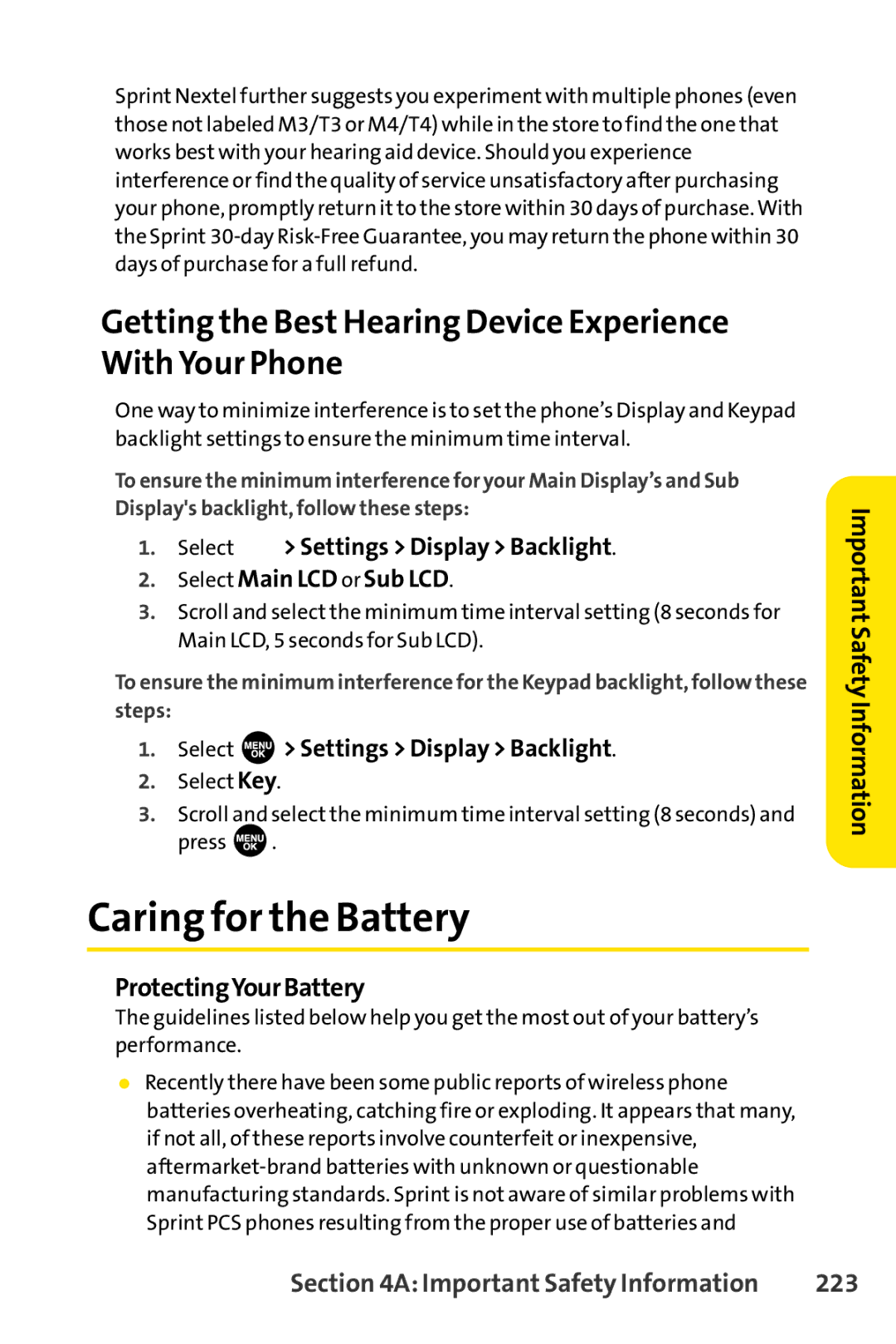 Sprint Nextel SCP-7000 manual Caring for the Battery, Getting the Best Hearing Device Experience With Your Phone, 223 