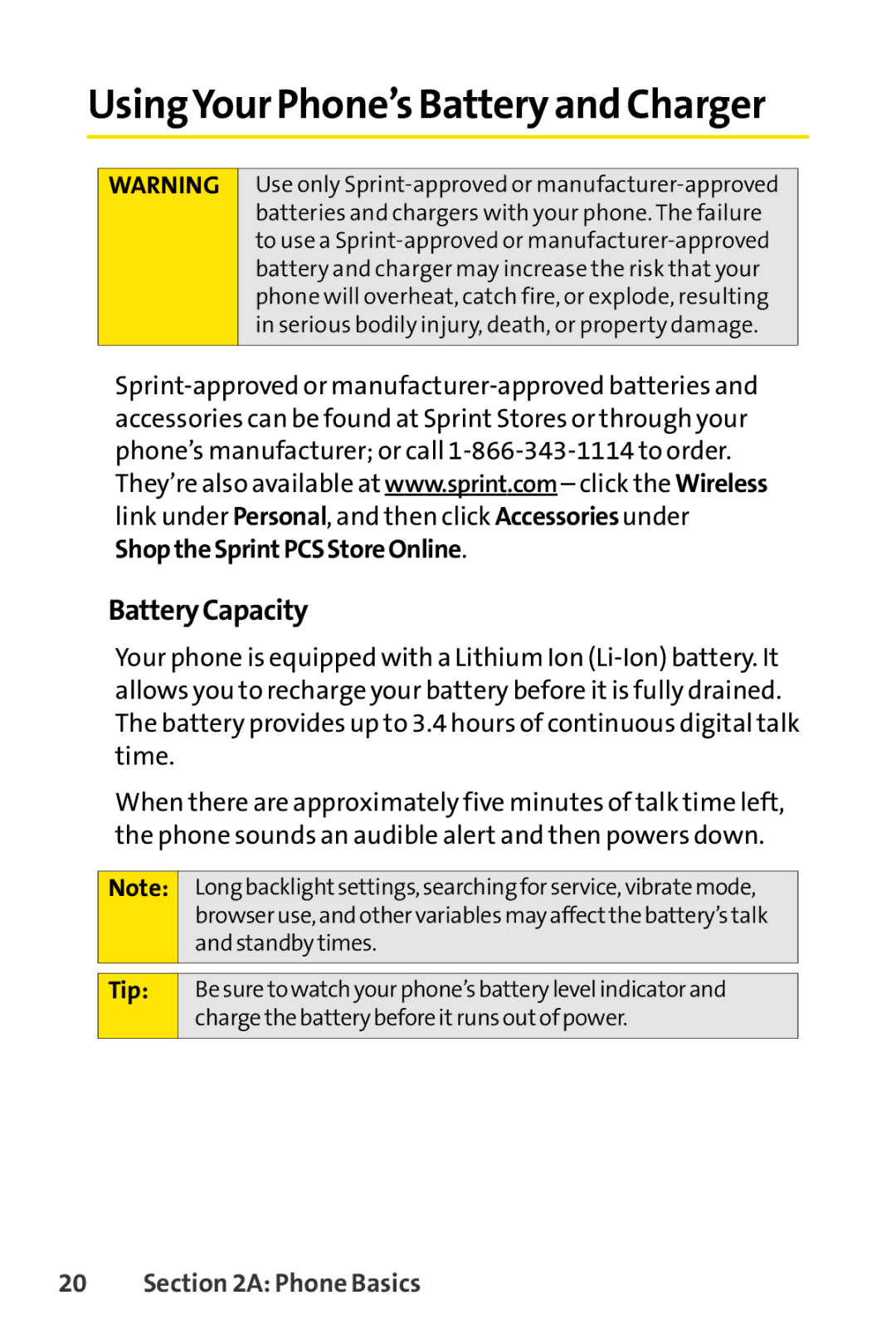 Sprint Nextel SCP-7000 manual UsingYour Phone’s Batteryand Charger, BatteryCapacity 