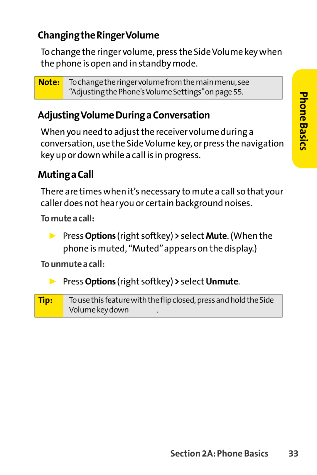 Sprint Nextel SCP-7000 manual ChangingtheRingerVolume, AdjustingVolumeDuringaConversation, MutingaCall, Tomuteacall 