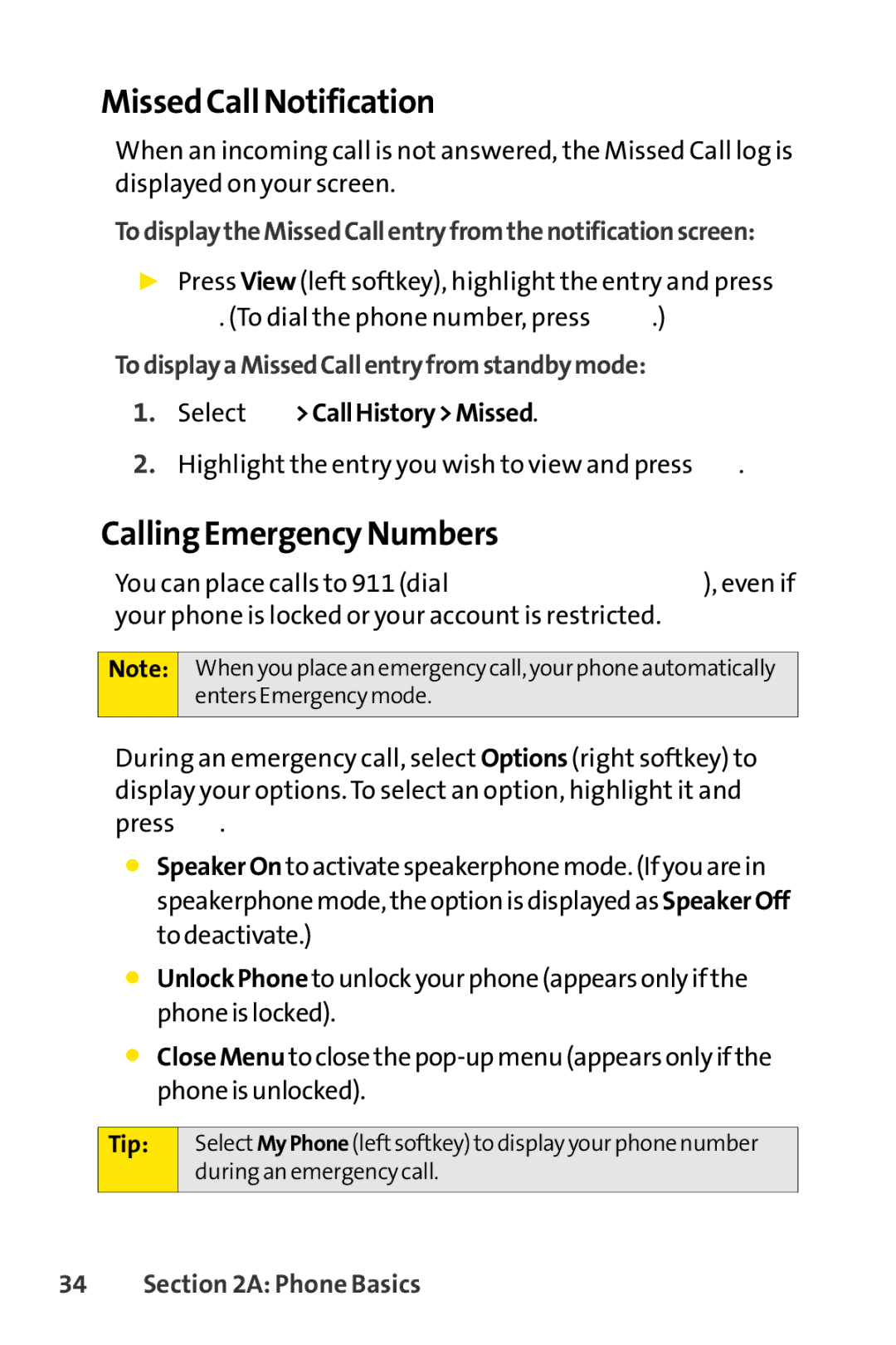 Sprint Nextel SCP-7000 manual Missed Call Notification, Calling Emergency Numbers, TodisplayaMissedCallentryfromstandbymode 